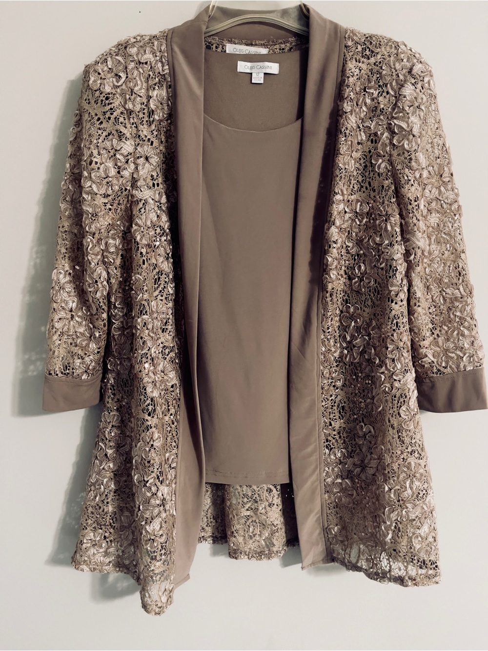 Champagne Lace Sequin 2 Pc Cardigan & Tank Set Sz 12 Mother Of The Bride Formal